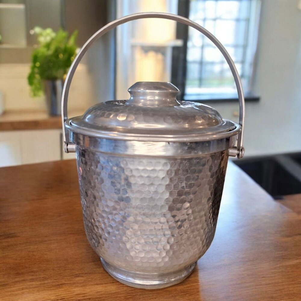 Mid-century Modern Italian Silver Hammered Metal‎ Ice Bucket Barware MCM Italy